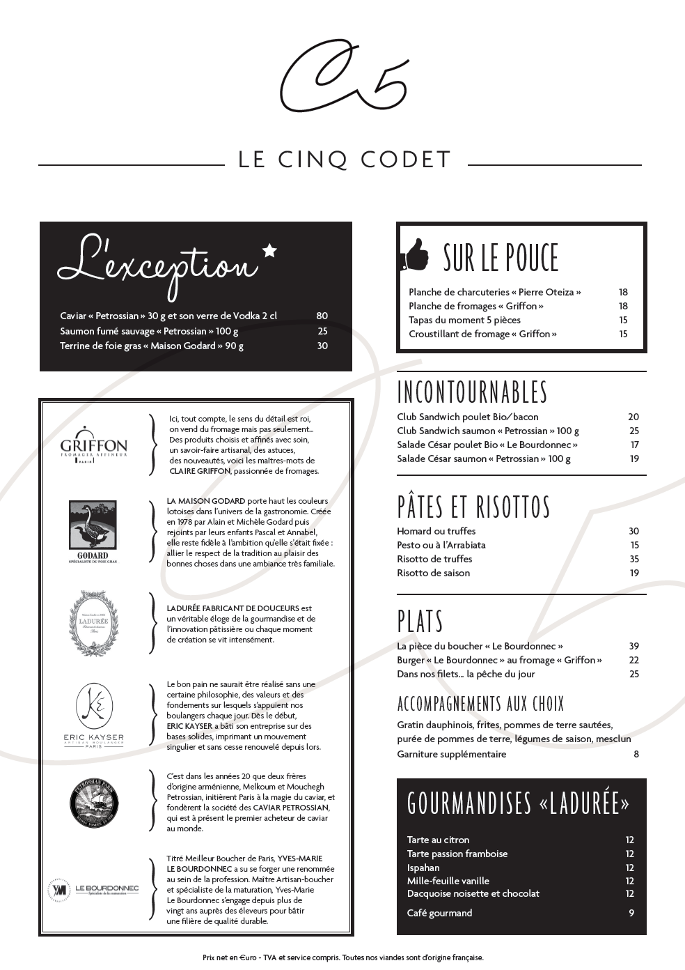 Le cinq codet - le menu