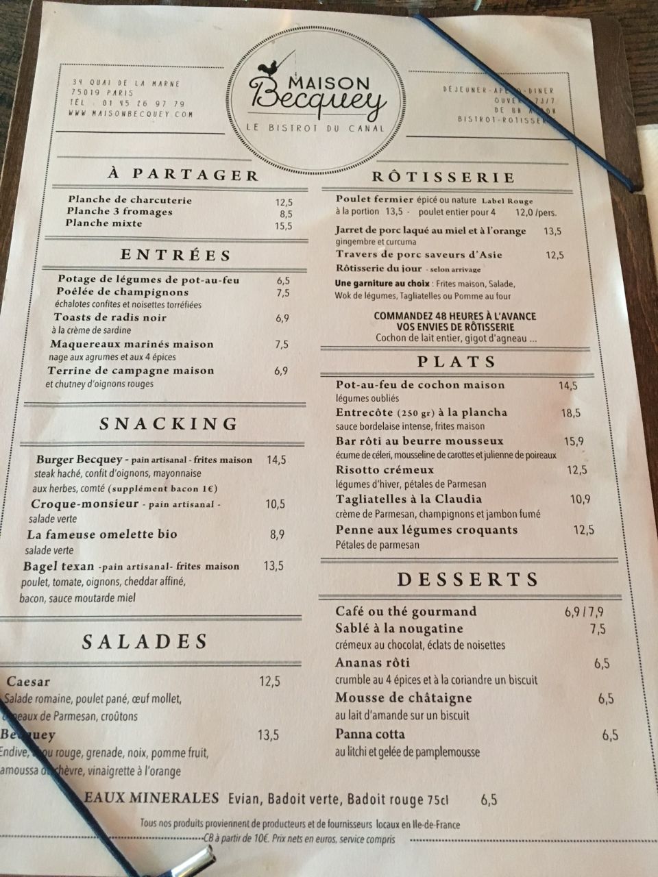 Maison Becquey - le menu