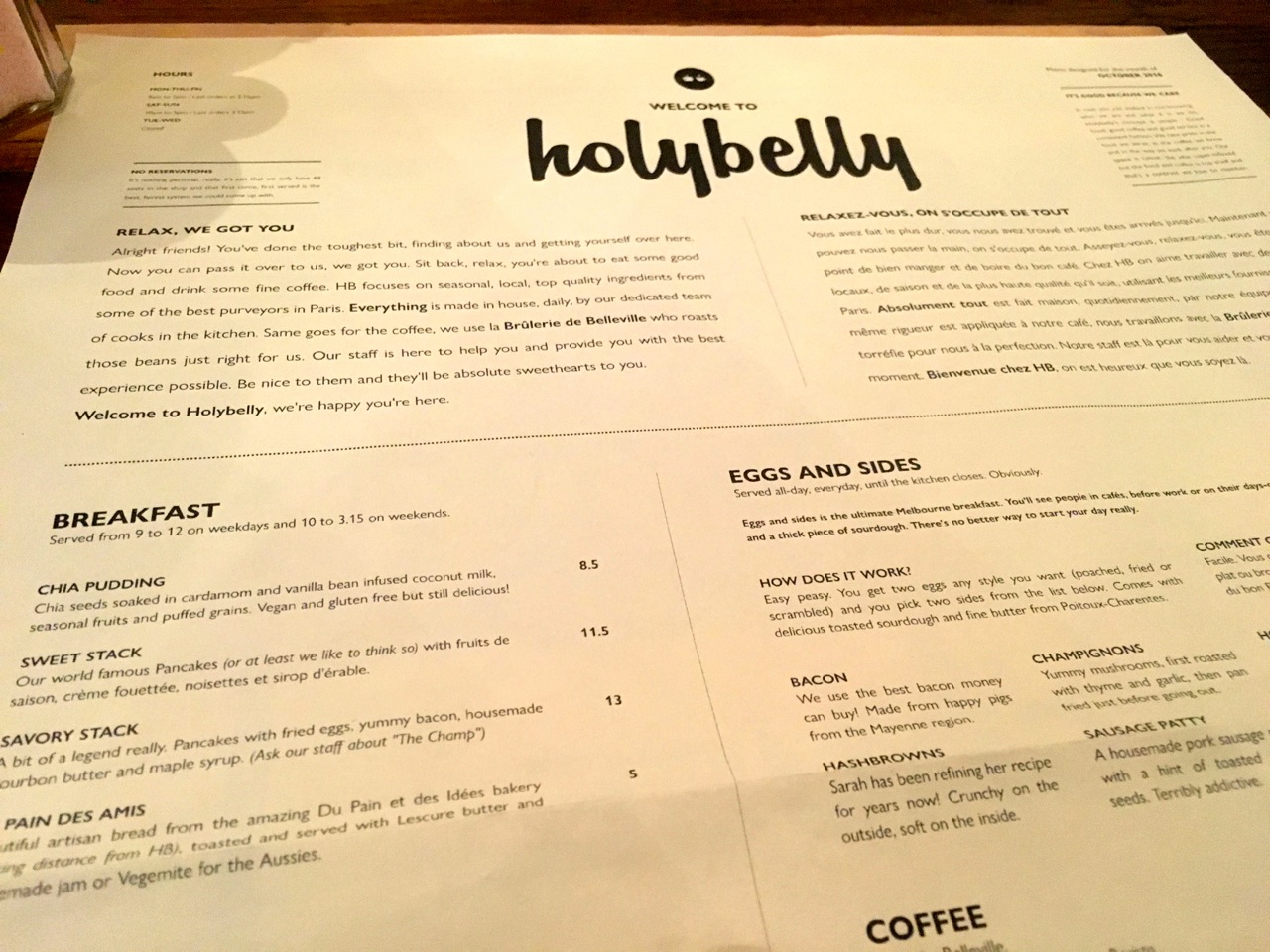 Holybelly - la carte