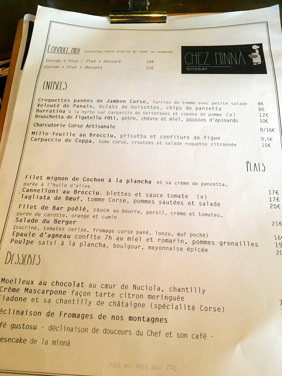 Chez Minna - la carte