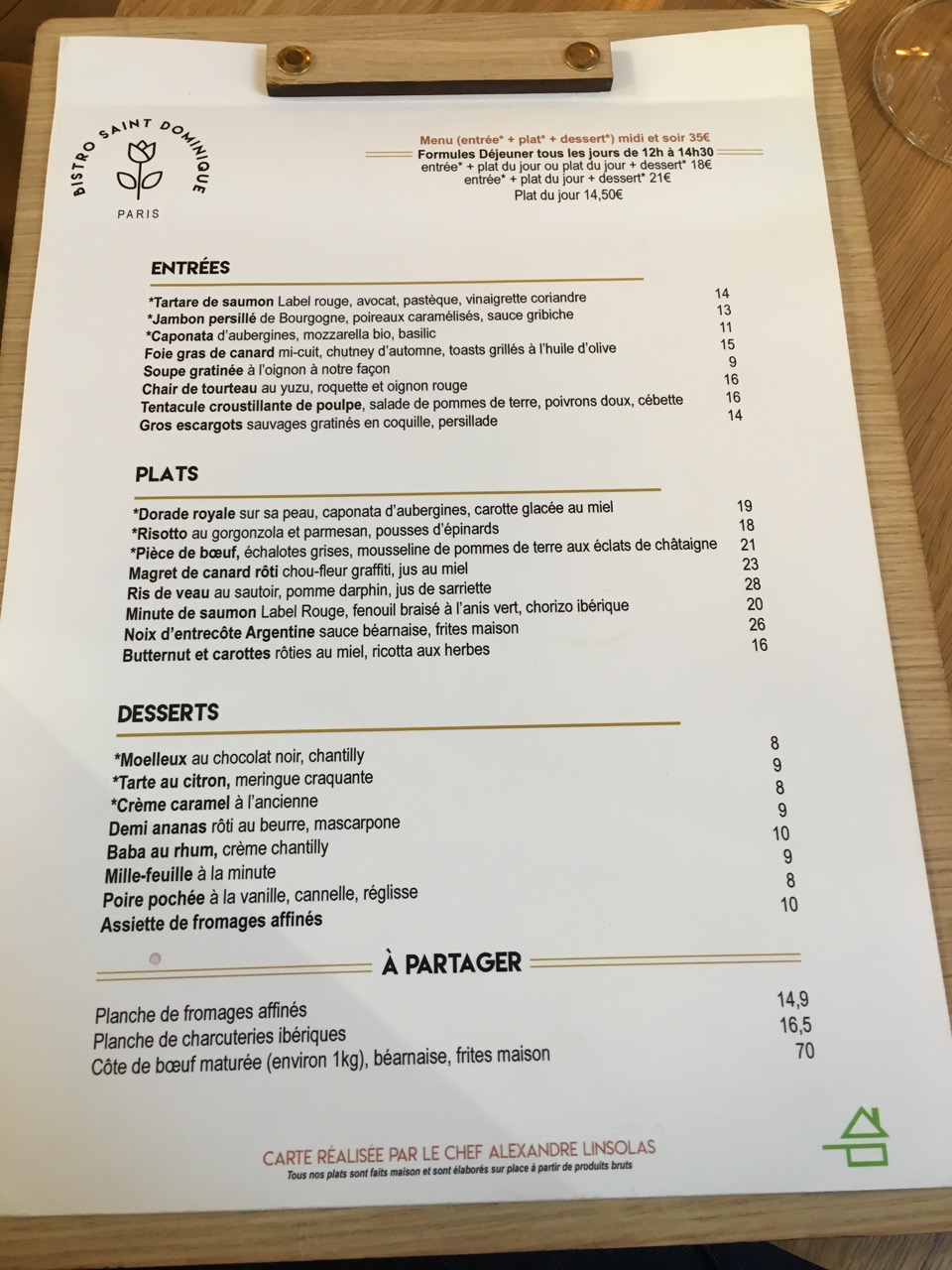 Bistro saint Dominique - la carte