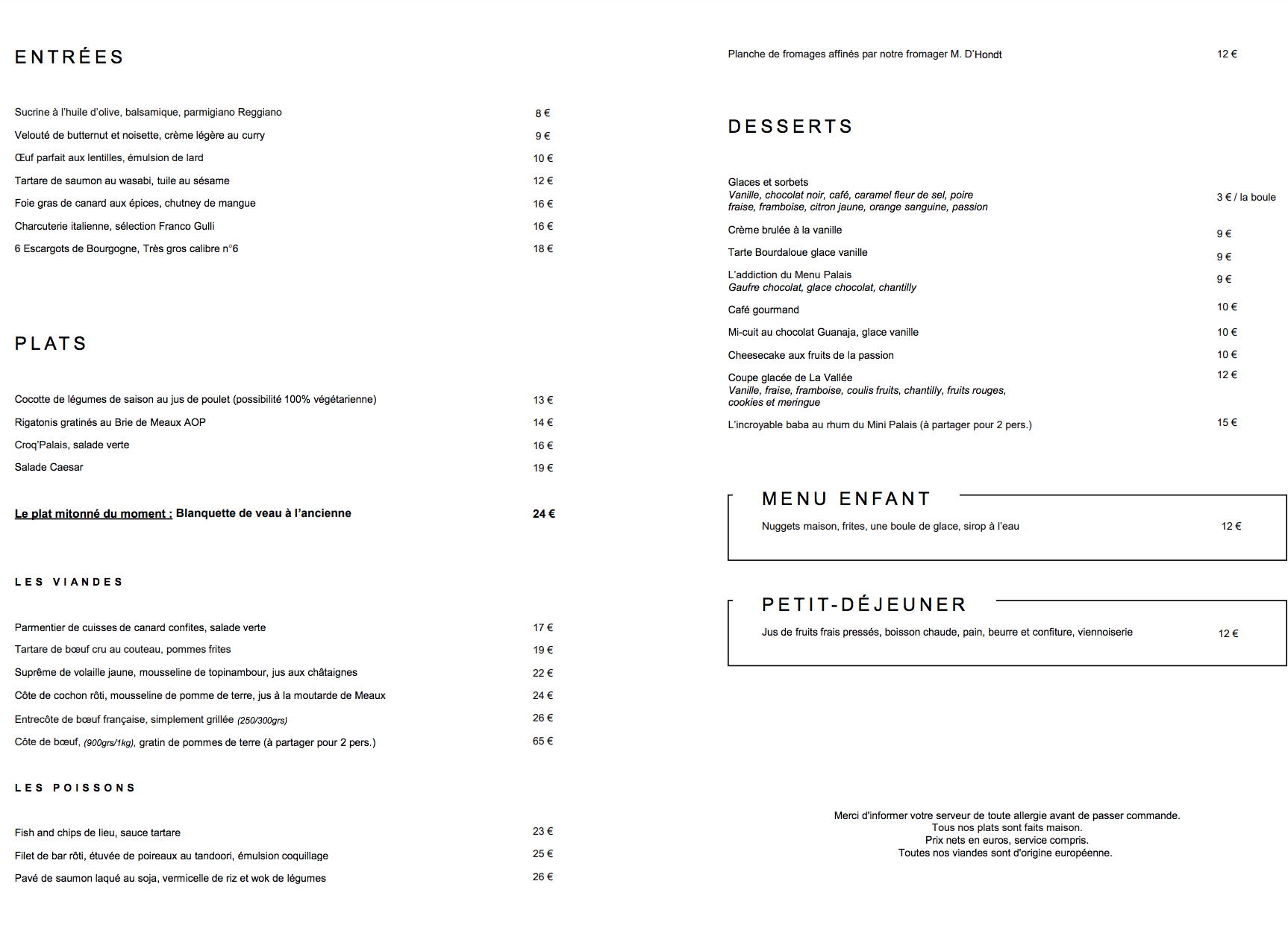 Menu Palais - restaurant Vallée Village